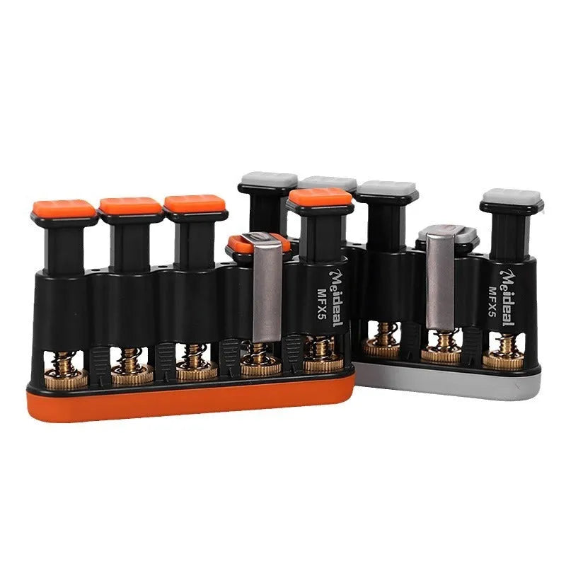 Grey or orange non-slip silicone fingerboard trainer for musician hand strength.