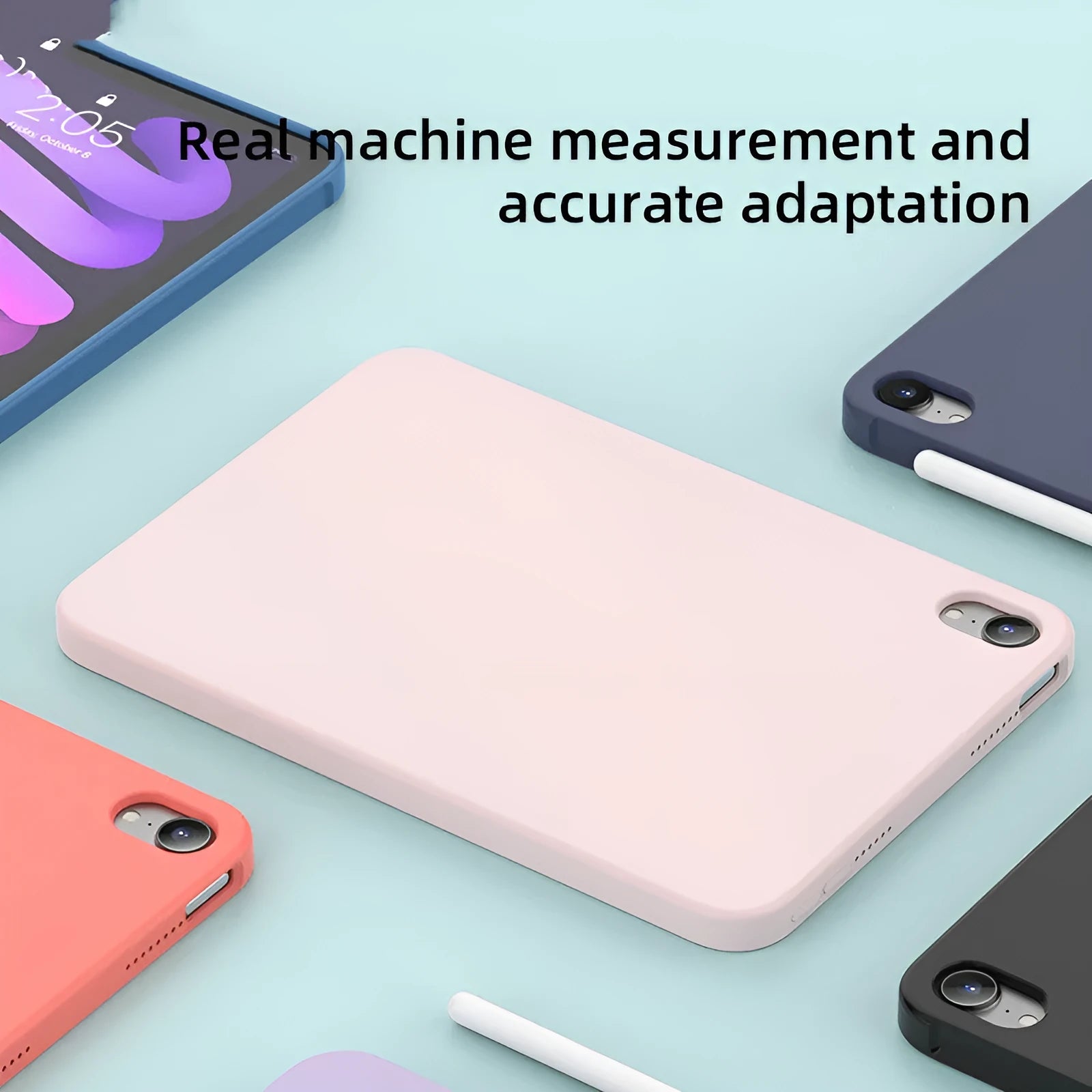 A solid-colour liquid silicone back cover case for an iPad, shown in a selection of seven different colours.