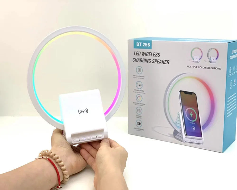 White smart Bluetooth speaker with wireless charging pad and ambient lighting, measuring 225x200x10mm