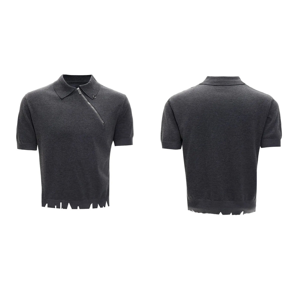 Men's slim-fit knitted polo shirt with oblique zipper lapel collar in solid colour option