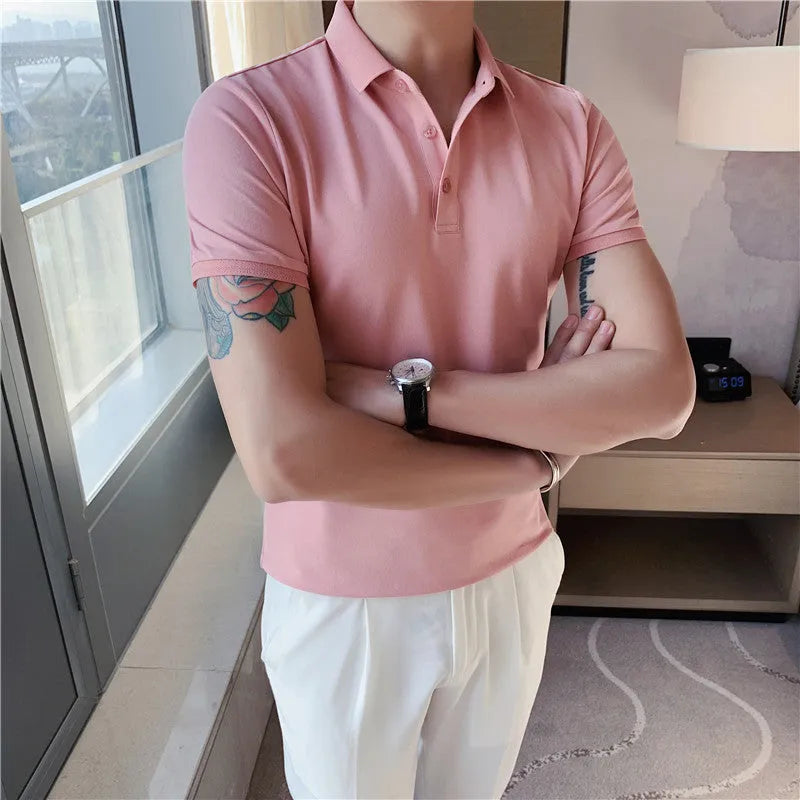 Man's solid colour cotton blend polo shirt with lapel collar and short sleeves in Korean style fit.