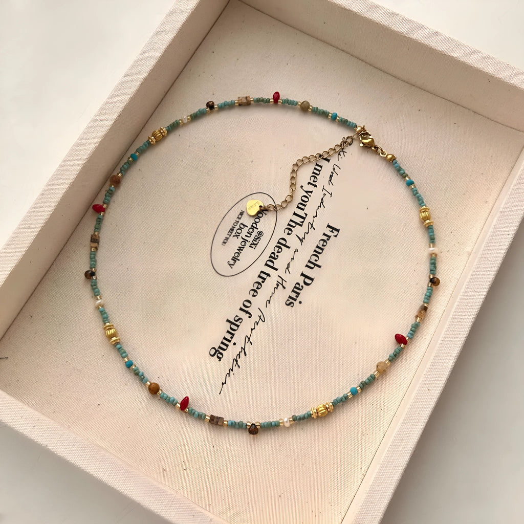 New Chinese style natural turquoise colour beaded necklace on titanium steel chain with round pendant for women