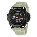 Digital electronic wristwatch with rectangular LCD screen showing time and date, available in multiple colours