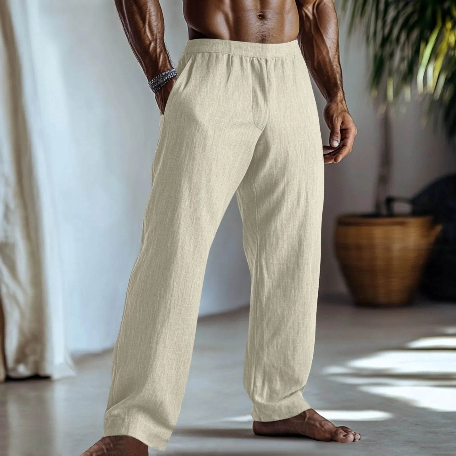 Cotton and linen straight-leg casual trousers with front pockets in light green colour