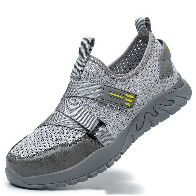 Men's grey insulation safety shoes with flying woven upper and rubber sole for work protection
