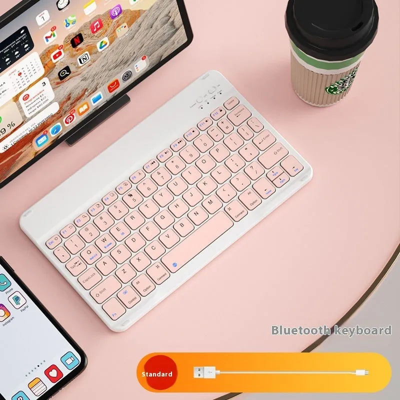 Bluetooth keyboard for tablets and PCs in a choice of colours including white, green, and pink.