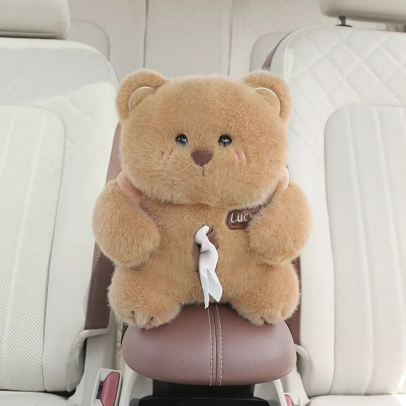 Two-in-one plush car armrest box cover with tissue holder and trash can in model bear on car seat