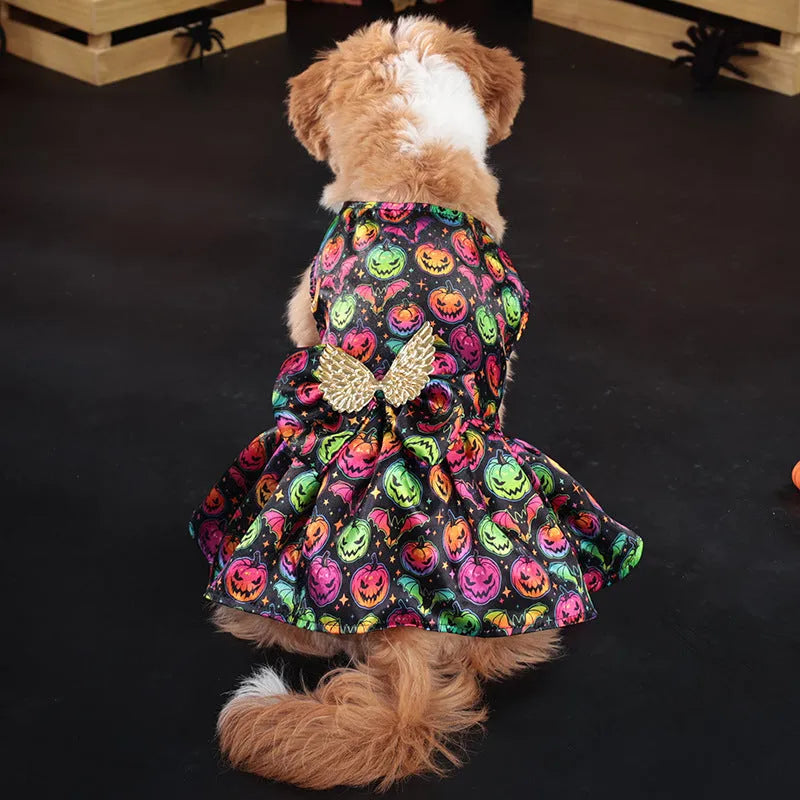 Dog wearing an angel wings Halloween costume in bright orange or purple colours