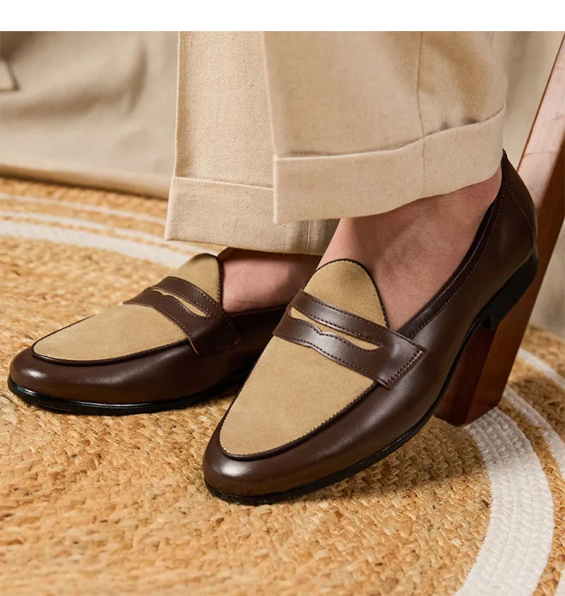 Coffee grey suede Belgian loafers with a slip-on design and rubber sole.
