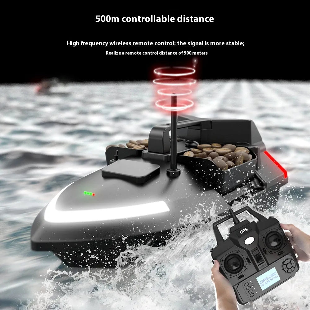 Black remote control fishing boat with GPS antenna on a calm lake, showing remote control.