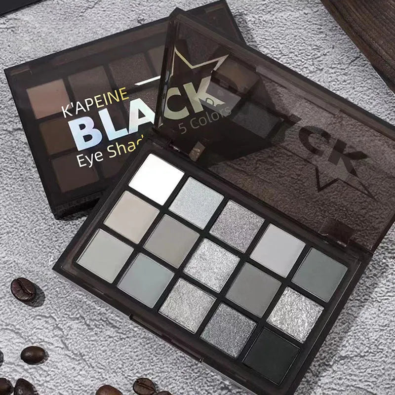 15-colour matte and shimmer eye shadow palette with grey, black and brown tones for smoky makeup