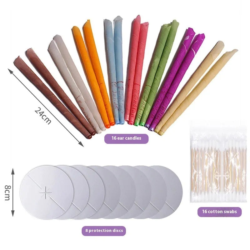 Ear candle health massage kit with 16 candles, 8 boards and 16 swabs in assorted colours