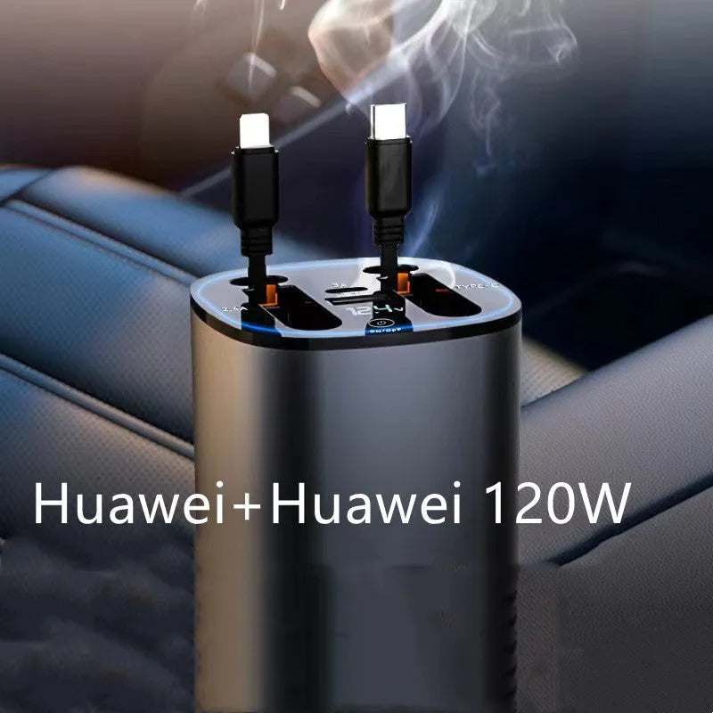 Automatic retractable car charger with QC3.0 fast charging and universal headband for vehicle cigarette lighter sockets