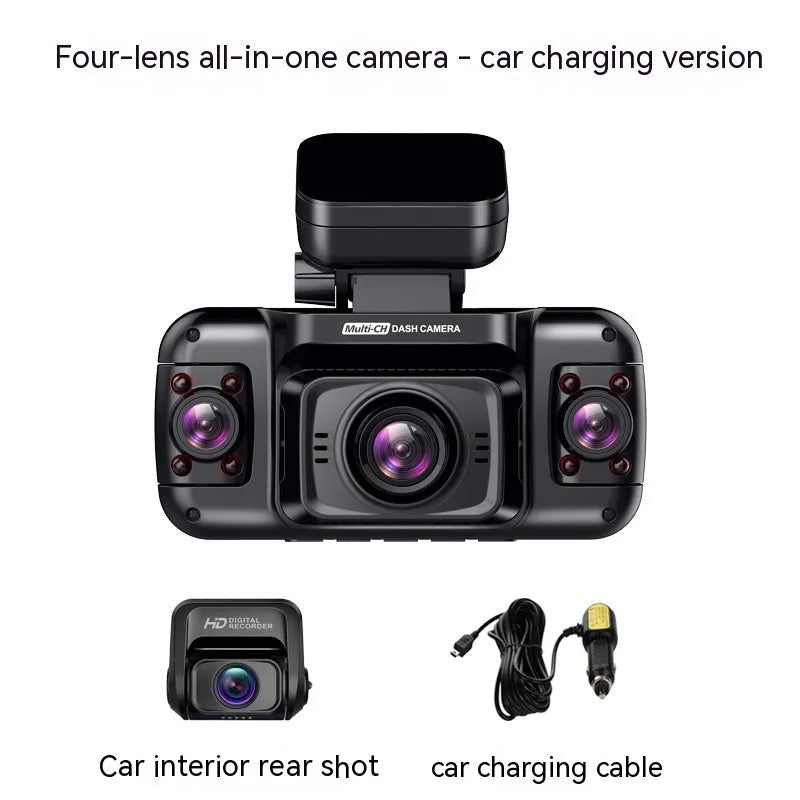 Black panoramic driving recorder dash camera mounted on a car windscreen