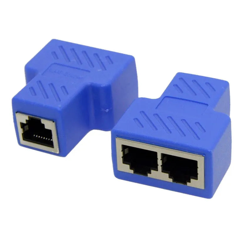 Two white RJ45 network cable splitter adapters showing three ports each.