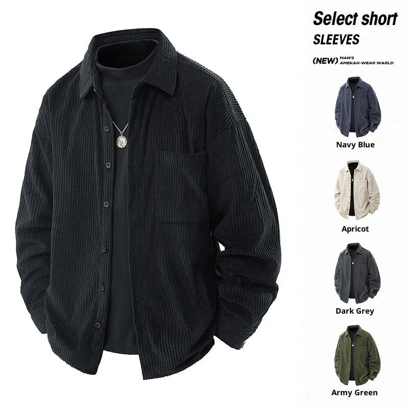 Men's corduroy shirt collar fake two-piece coat in black, front view, long sleeves, straight hem, button front