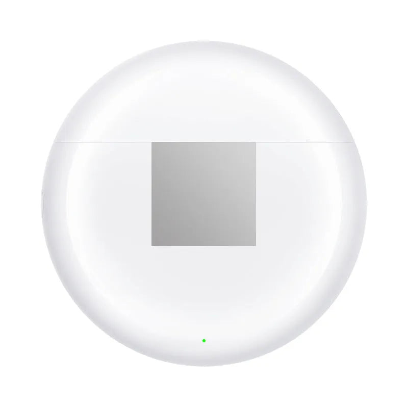 White Budz5 Bluetooth wireless semi-in-ear headset with its matching charging compartment.