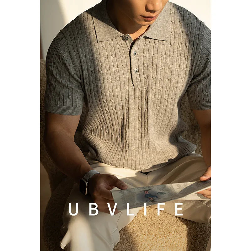 Men's khaki short sleeve business casual top showing front view with Asian fit sizing label