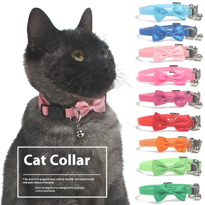 Striped nylon cat collar with bow decoration and bell in multiple colour options