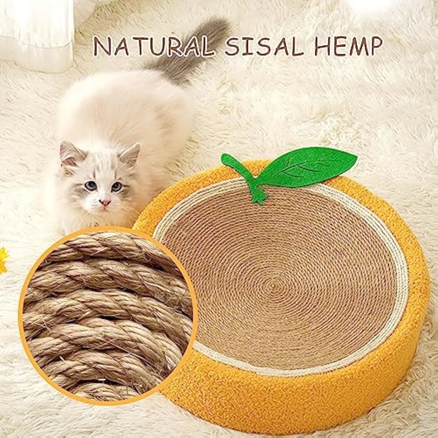 Yellow round sisal cat scratching board with concave centre forming a bed
