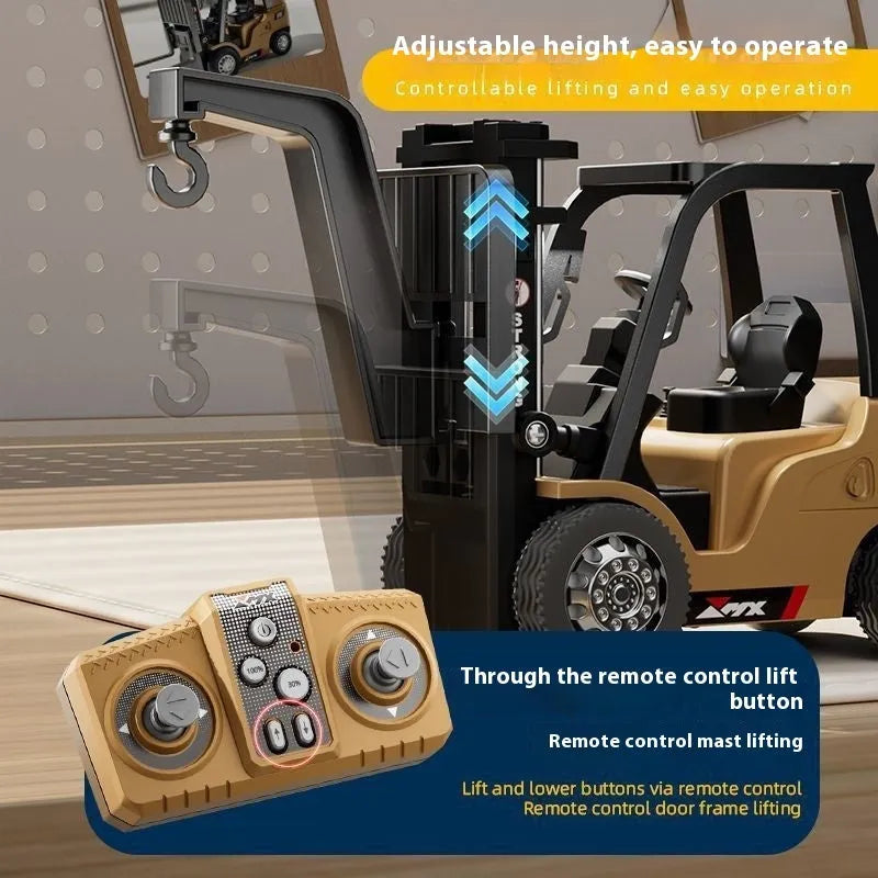 1:64 scale alloy remote control forklift toy with Bluetooth controller and cargo accessories.