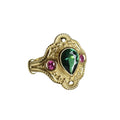 Women's geometric gold-plated ring with electroplated golden lvzuan finish shown from side view