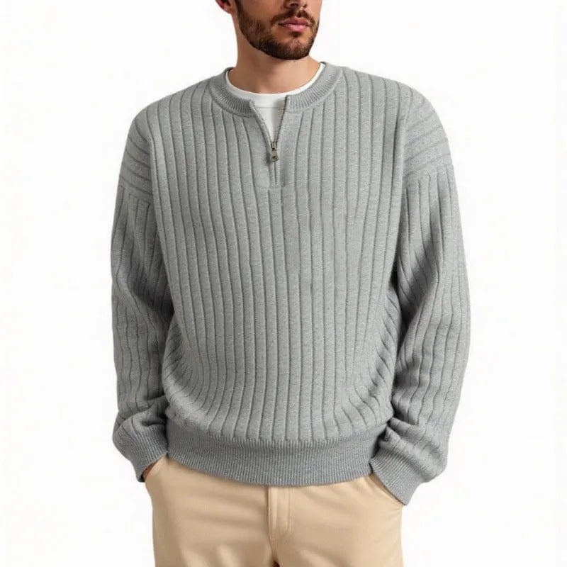 Men's grey loose half zip sweater with textured knit and long sleeves