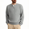 Men's grey loose half zip sweater with textured knit and long sleeves