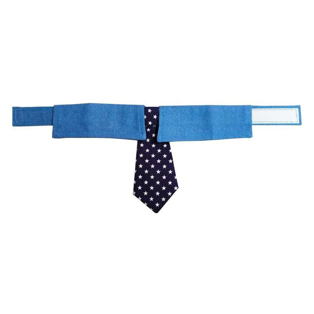 Denim dog collar with star pattern design showing adjustable fastener tape and bow/tie style options