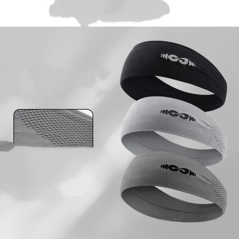 Seamless knitted sports hair band in black, grey, and blue colours for running and cycling.