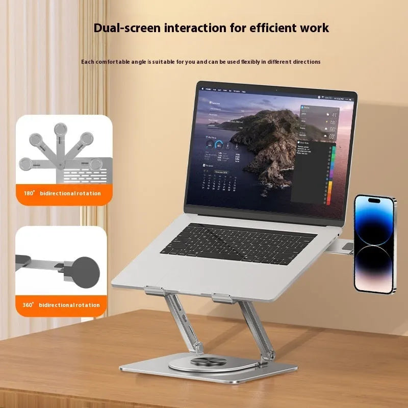 Silver carbon steel laptop stand with 360-degree rotation and side magnetic phone holder for 17-inch laptops