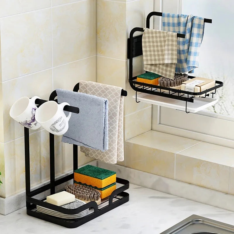 Foldable white plastic kitchen draining rack shown in wall mounted and table top configurations.