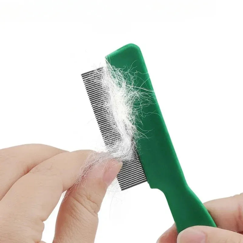 Green stainless steel pet flea comb with plastic handle for dog and cat grooming