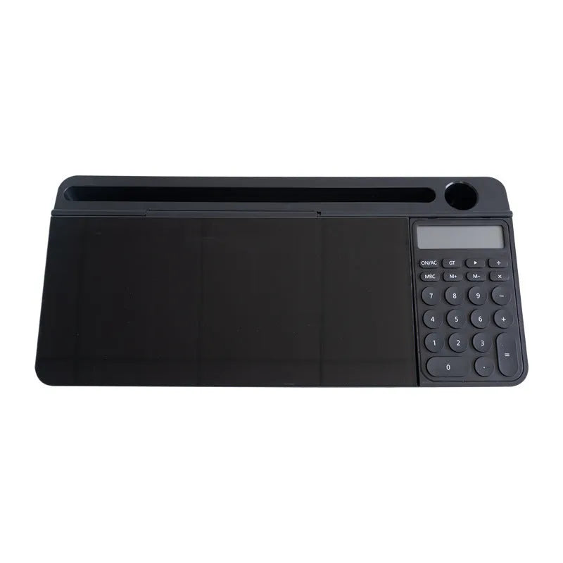 Table top glass whiteboard 18x40cm in black with marker on desk