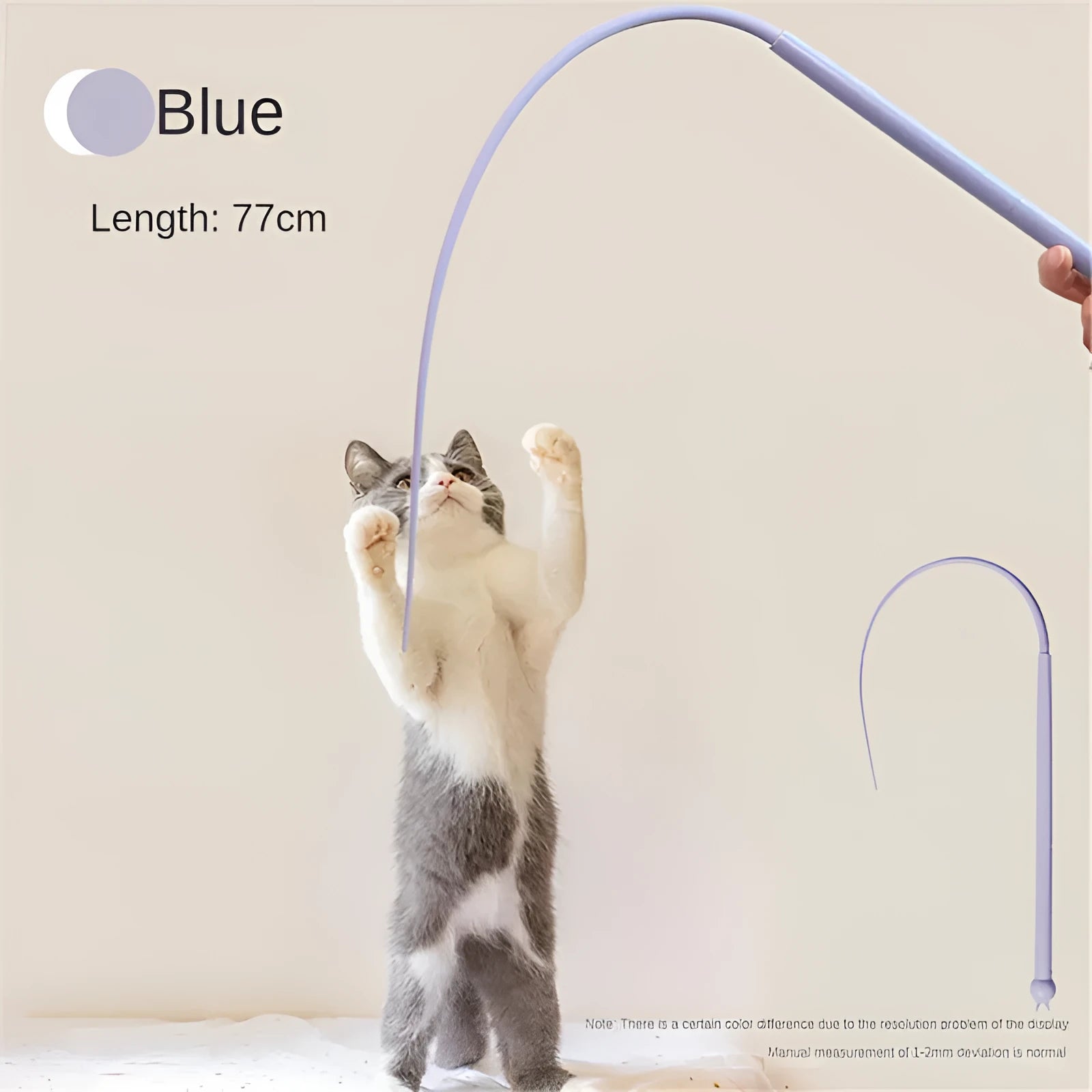 Blue cat teaser stick with silicone mouse tail and cat head design for interactive play