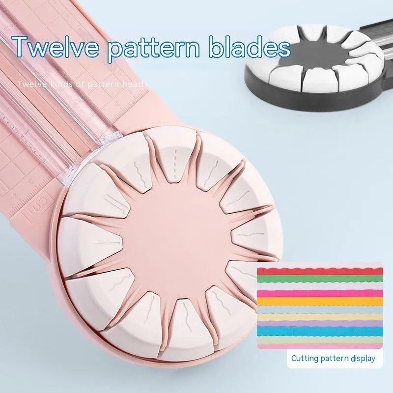 Pink 12-in-1 multifunctional paper cutting machine with plastic construction measuring 46.2cm wide
