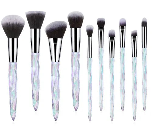 10 crystal handle foundation brushes with artificial fibre bristles in black blue red yellow colours