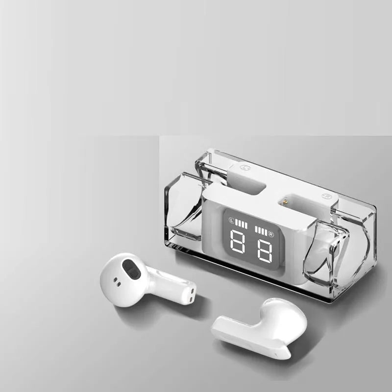 Black wireless sports earbuds with charging case showing compact design and earplug-type fit.
