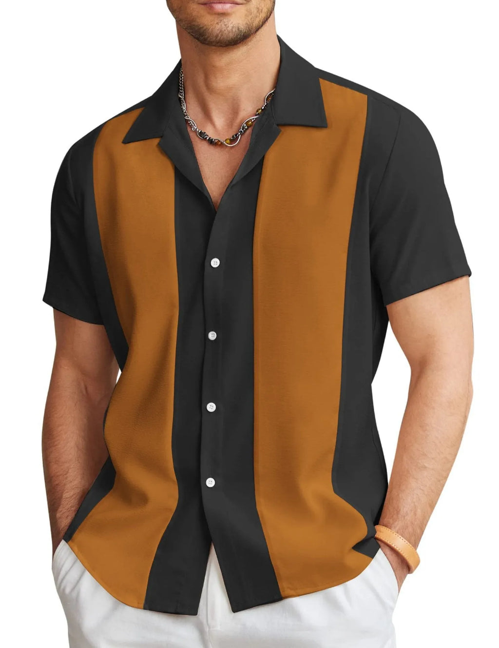 Men's slim fit Hawaiian short sleeve shirt in elastic polyester fabric