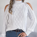 Gray women's strapless sweater with twisted knit pattern, half-high collar, and long lantern sleeves.