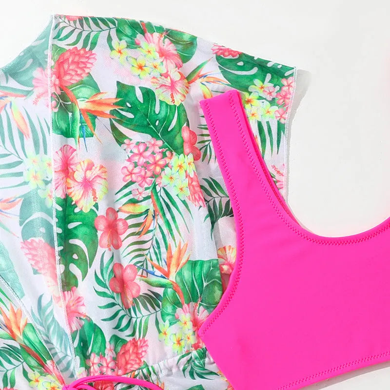 Girls floral two-piece swim briefs in a Korean style, high elasticity polyester fabric.