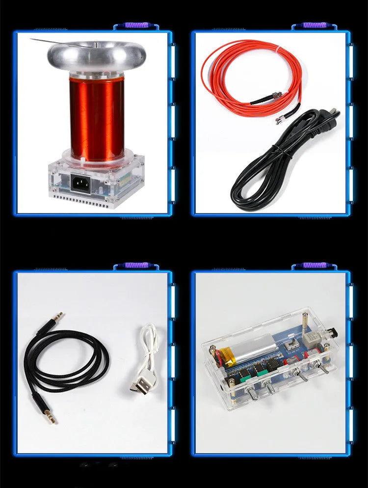 Music Tesla Coil Driver Board with controller, cables, and metal thimble for 20m arc generation.