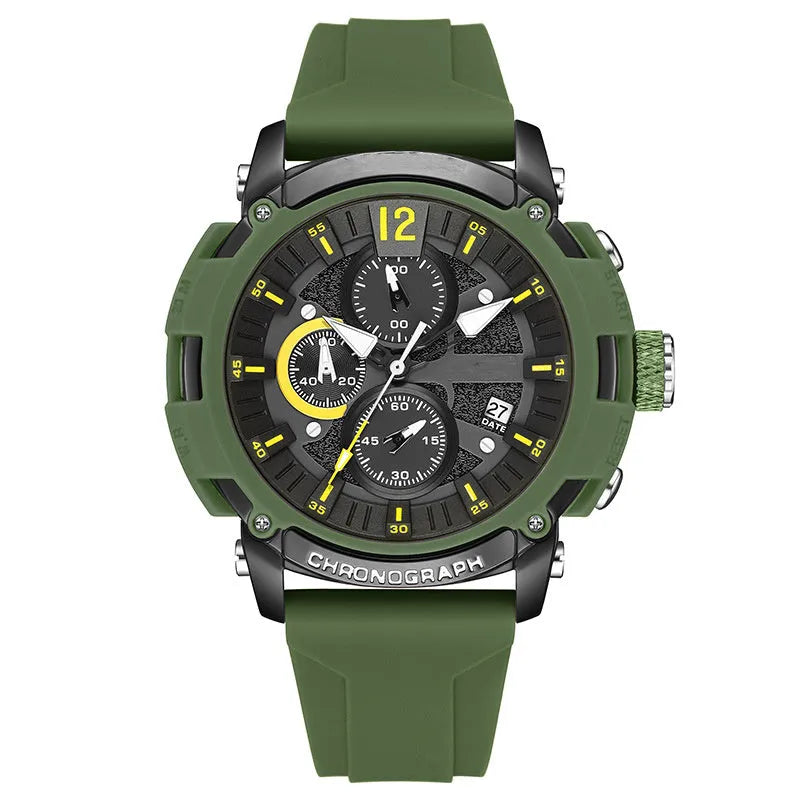 Men's multi-function digital watch with luminous display and calendar on wrist