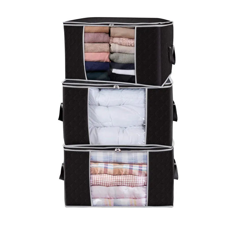 Beige non-woven fabric storage bag with zippered seal and carry handles for quilt and clothing organisation.