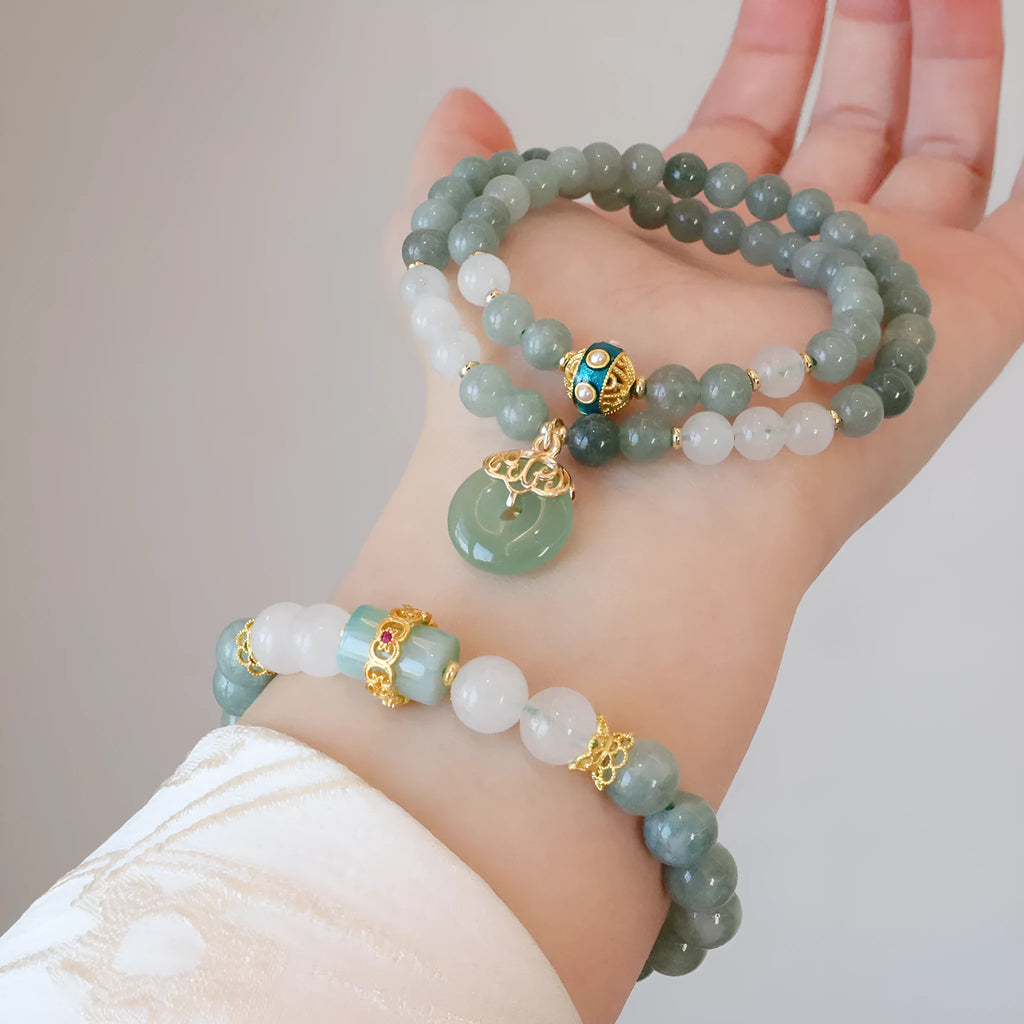 Women's safety buckle bracelet with Myanmar jade components and geometric lucky bead design
