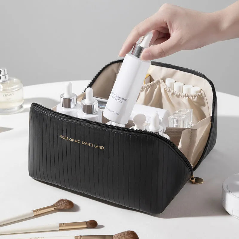 Vertical pattern pillow makeup bag in cubic shape, PU material, shown in available colours.