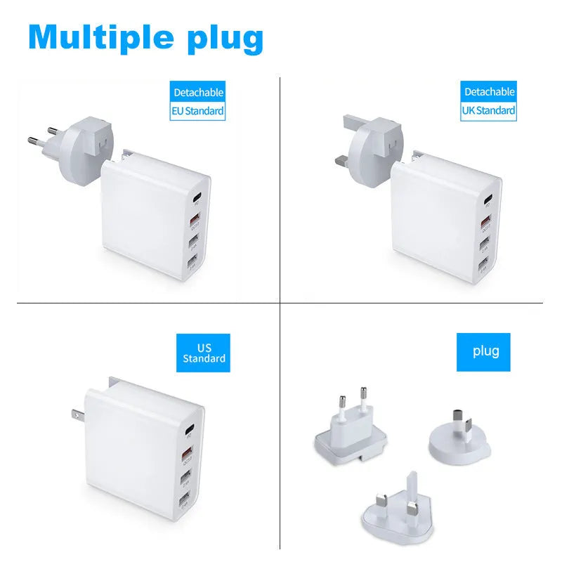White multi-port USB fast wall charger with PD and QC support on a table.
