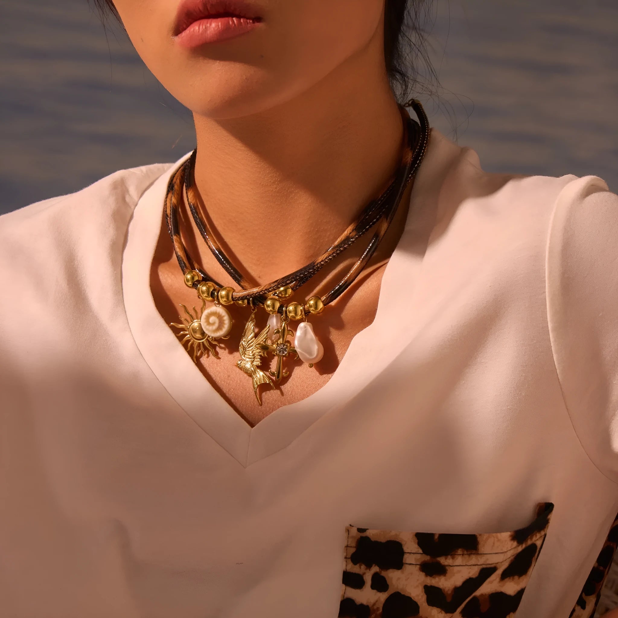 18K gold plated stainless steel necklace with geometric leopard print pendant and adjustable chain for women