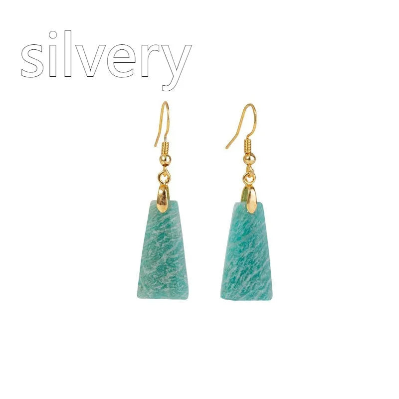 Amazonite rough stone cut trapezoid earrings in geometric design with gold or silver finish