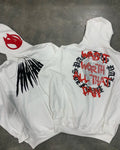 Black loose hooded sweatshirt with white skull letter pattern and hot rhinestone details on front